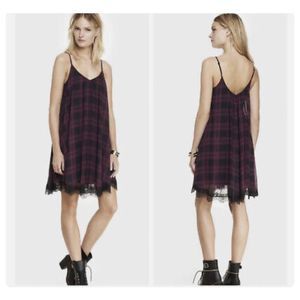 Express purple black plaid lace trim swing sundress